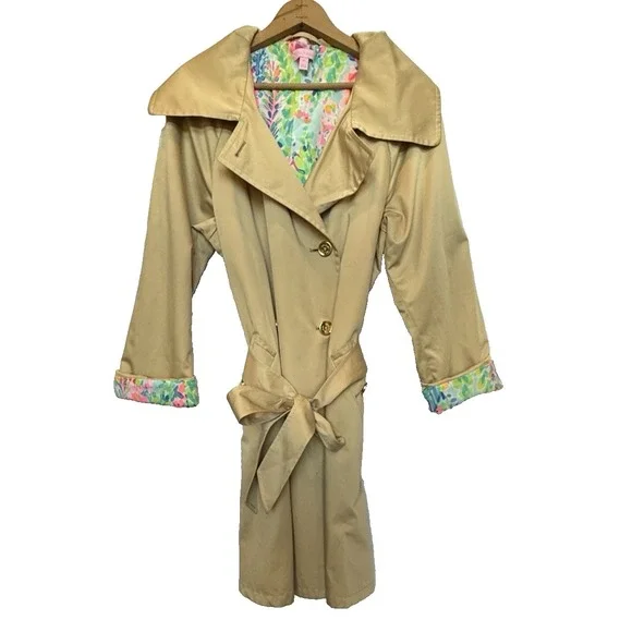 Lilly Pulitzer Womens Qynn Tan Gold Button Belted Trench Coat Size XL Classic - Picture 5 of 9